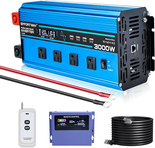 3000w Pure sine Wave Inverter DC 12V to AC 110V/120V Converter, 6000w (Peak) with LCD Display, Wireless/Wired Remote Control, 4AC outlets and 4USB.Ideal for Camping, RV Travel, Off-Grid Solar Systems