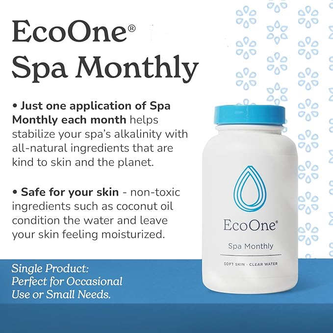 Ecoone Spa & Hot Tub Starter Kit - 3 Month Maintenance Kit with Spa Monthly, One Shock, Filter Cleaner, Pipe Cleaner, Hose Filter & pH Test Strips - Stabilizes pH & Alkalinity