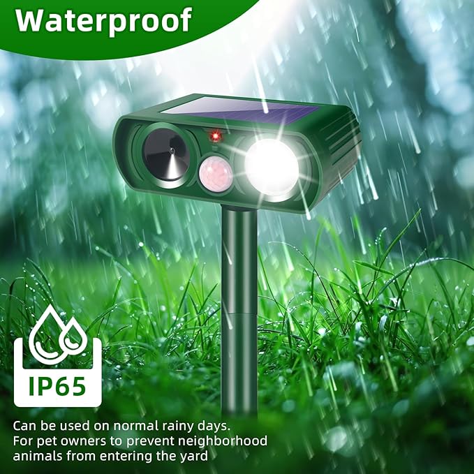 2026 New Solar Ultrasonic Animal Repellent Outdoor Motion Activated Deer Repellent Cat Deterrent with Flash Light to Keep Rodent Dog Skunk Rabbit Raccoon Squirrel Out of Yard Garden Lawn,4Pack