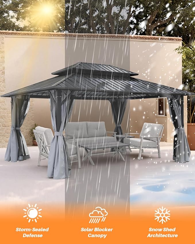 SEEHILL 10' x 12' Hardtop Gazebo, Aluminum Frame Outdoor Patio Gazebo with Netting and Curtains, Outdoor Hardtop Gazebos, Patio Pergolas with Double Metal Roofs for Backyard, Patio, Deck, Slate Gray