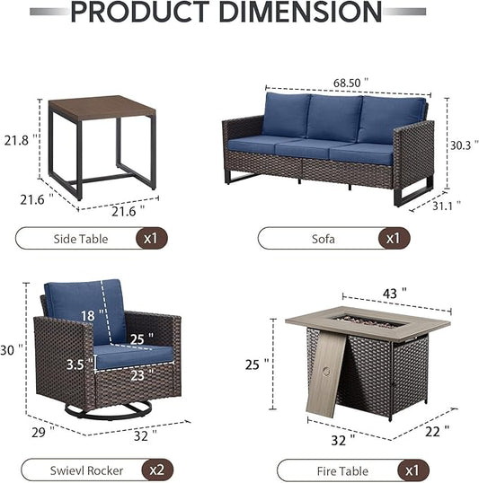 5 Piece Wicker Patio Furniture with Fire Pit Table - Outdoor Conversation Set with 50,000 BTU Fire Pit, All Weather Rattan Patio Set for Deck Backyard Garden - Brown Wicker Blue Cushion