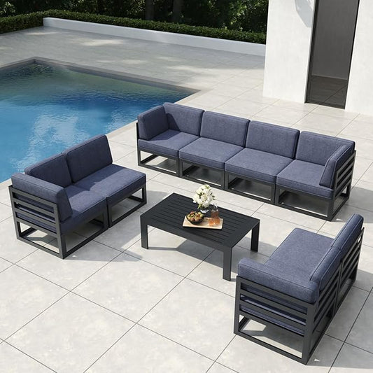 9 Pieces Aluminum Patio Furniture Set with Coffee Table, Metal Outdoor Conversation Sofa Set with Seating Cushions