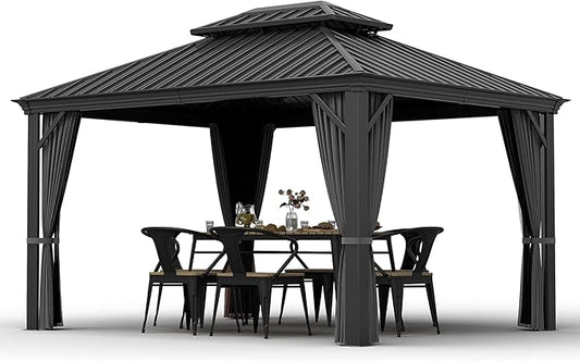 HAPPATIO 10' x 12' Hardtop Gazebo with Netting and Curtains, Double Roof Permanent Patio Metal Gazebo Canopy for Patio, Deck, Backyard （Gray）