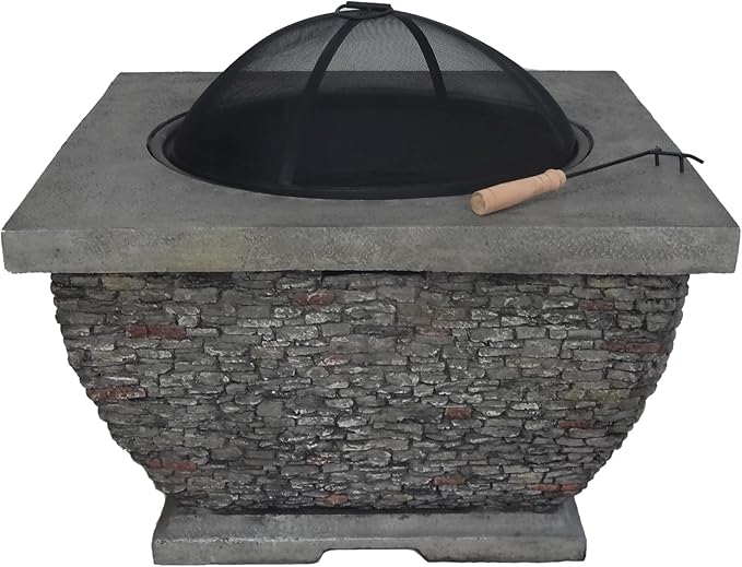 32 Inch Outdoor Fire Pit, Wood Burning Fire Pit for Patio with Spark Screen, Fire Poker, MGO Light-Weight Concrete Square Firepit for Camping, Backyard, Bonfire Party, Gray