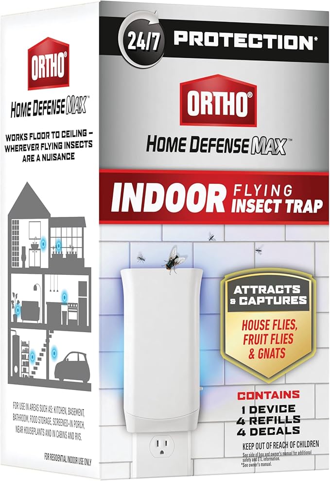 Ortho Home Defense Max Indoor Flying Insect Trap, Light Trap for House Flies, Fruit Flies, and Gnats, 1 Plug-in and 4 Refills
