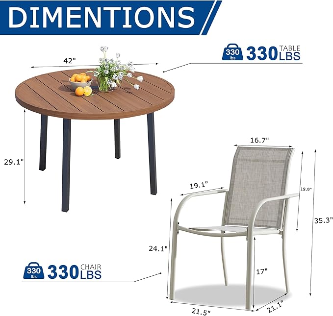 5 Pieces Patio Dining Set for 4, Grey Patio Stackable Chairs and Walnut Round Table Set of 4, Outdoor Furniture Set with Sling Support for Outside, Garden