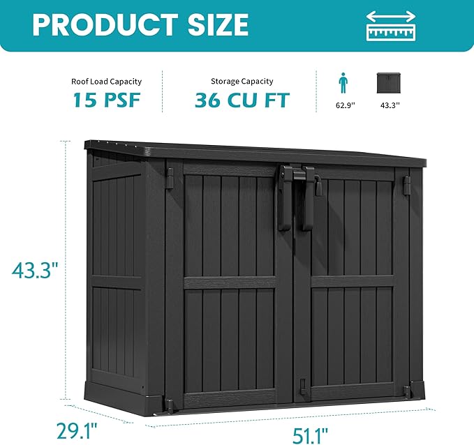 Horizontal Resin Storage Shed 36 Cu Ft with Lockable Doors, Portable Outdoor Storage Cabinet -Waterproof Outdoor Storage Box for Backyards, Easy to Assemble Black