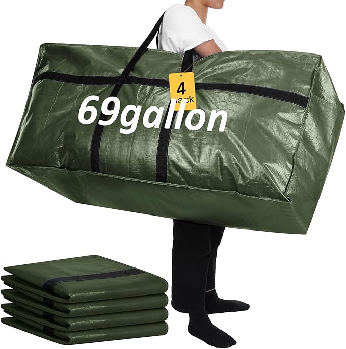 Windyun 4 Pack 69 Gallon Extra Large Storage Bags XXL Moving Bags with Zipper Handles Heavy Duty Jumbo Big Tote Box for Christmas Tree Storage 4, 5, 7.5, 9, 10, 12 ft Skeleton College Dorm(Army Green)