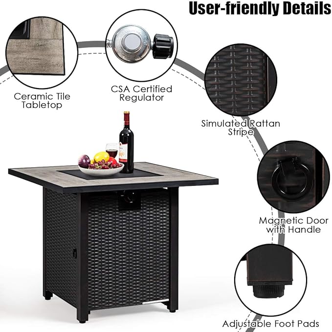 Giantex Propane Fire Pit Table, 30 inch 50,000 BTU Square Gas Firepits w/Ceramic Tabletop, Emboss Gas Heater w/Lava Rock, Waterproof Cover, ETL and CSA Certification for Outside(Black & Gray)