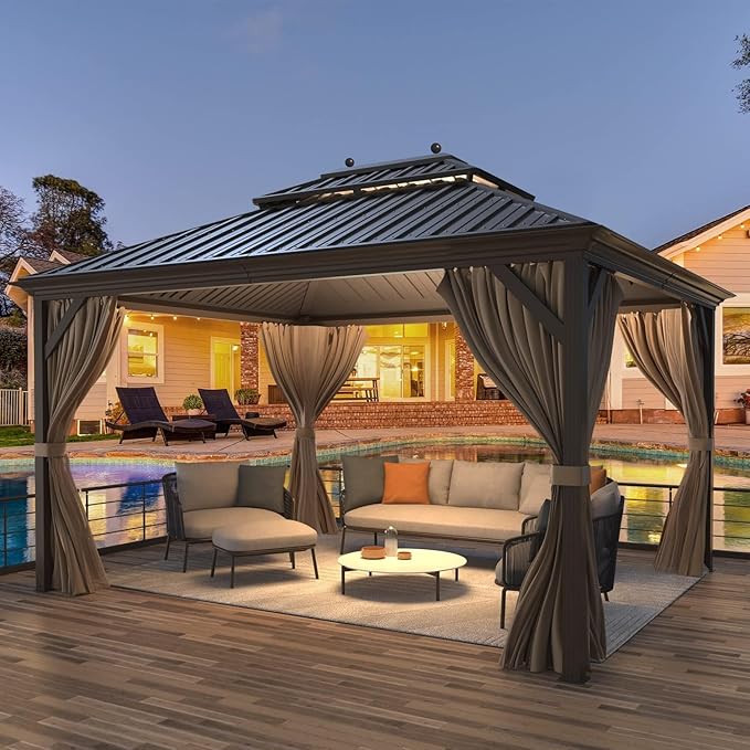 MELLCOM 12' x 14' Hardtop Gazebo, Brown Permanent Pavilion Gazebos with Curtains and Netting, Galvanized Steel Metal Double Roof with Aluminum Frame for Patios, Gardens, Lawns