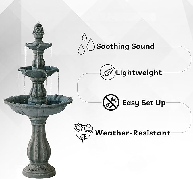 XBrand Outdoor Water Fountain 51 inch 3-Tier Garden Fountain with Pump, Weather Resistant Resin Patio & Yard Waterfall Feature - Grey