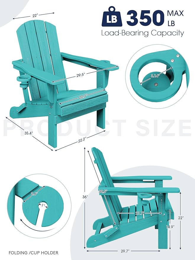 KINGYES Folding Adirondack Chair Set of 8, Dual Cup Holders & All-Weather HDPE, Wood-Like Patio Chair for Backyard, Camping, Pool & Fire Pit, Aruba
