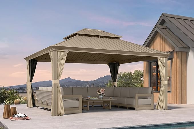 PURPLE LEAF Outdoor Gazebo 13'X15'，Champagne Hardtop Gazebo with Galvanized Steel Double Roof, Permanent Patio Gazebo with Curtains and Netting for Patio Lawn Garden and Deck