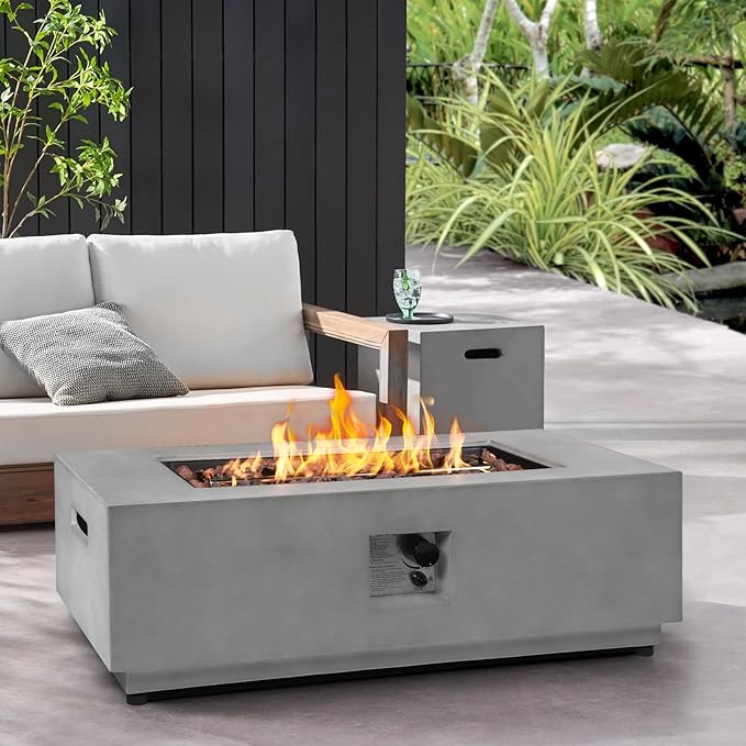 42inch Rectangular Fire Pit Table with Propane Tank Cover, Concrete Fire Table Outdoor CSA Certified 50,000 BTU Gas Firepits for Outside Patio Backyard Deck Garden, Grey