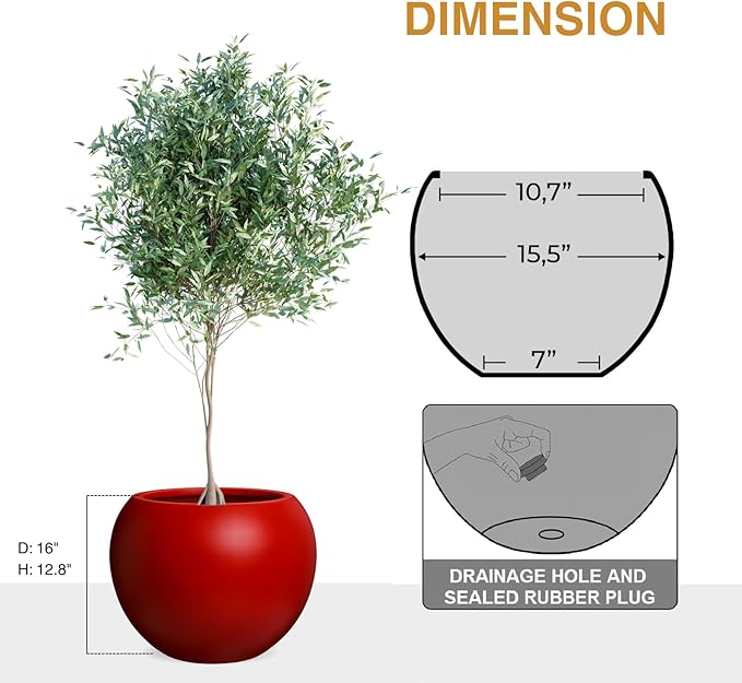 12.8" H x 16" D Globo Fiberstone Round Planter - Christmas Tree Planter, Smooth Finish, Weather Resistant for Indoor & Outdoor Use, Included 2 Extra Coco Mats (Red, 10.7" Pot Opening)