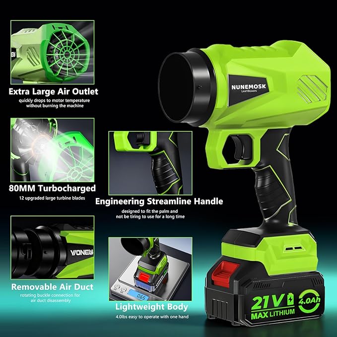 Leaf Blower Cordless with Battery and Charger, 1000,000RPM Mini Leaf Blower, Fast Charger & Extended Nozzle Design, Handheld Lightweight Blowers for Lawn Care,Patio Cleaning,Car,Leaves,Dust (Green)