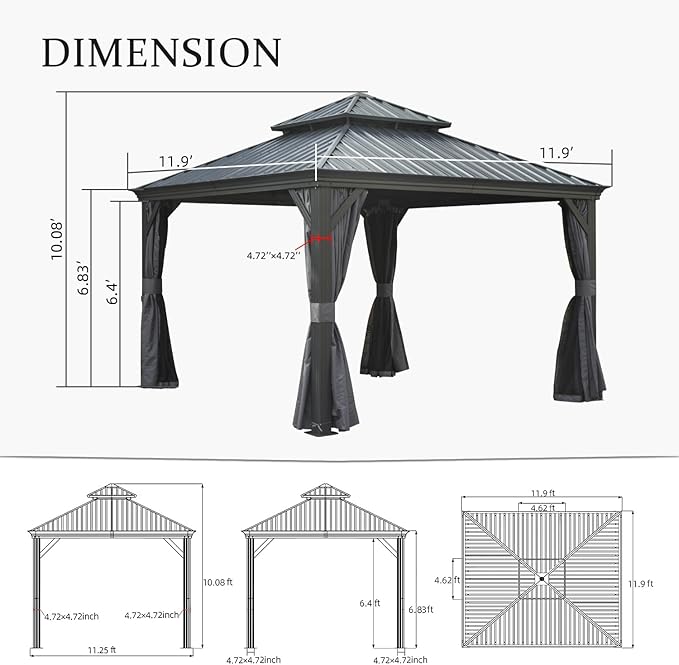 Domi 12'x12' Hardtop Gazebo Canopy,Outdoor Aluminum Gazebo with Galvanized Steel Double Roof,Permanent Gazebos with Drainage System,Curtain and Netting Included,Grey