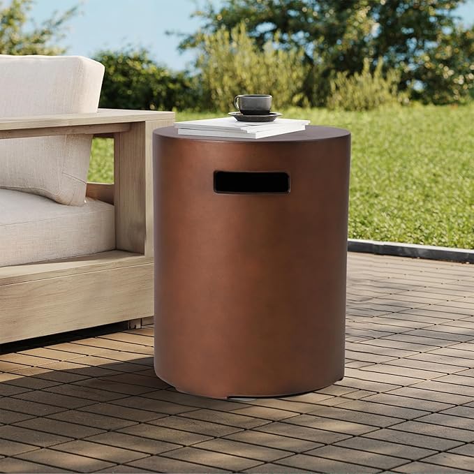 Propane Tank Cover Table, 20 LB Propane Tank Storage Box, Modern Outdoor Gas Tank Covers Hideaway Table for Propane Fire Pit and Gas, Round Tank Holder with Handles (Brown) 16 X 16 X 20inch