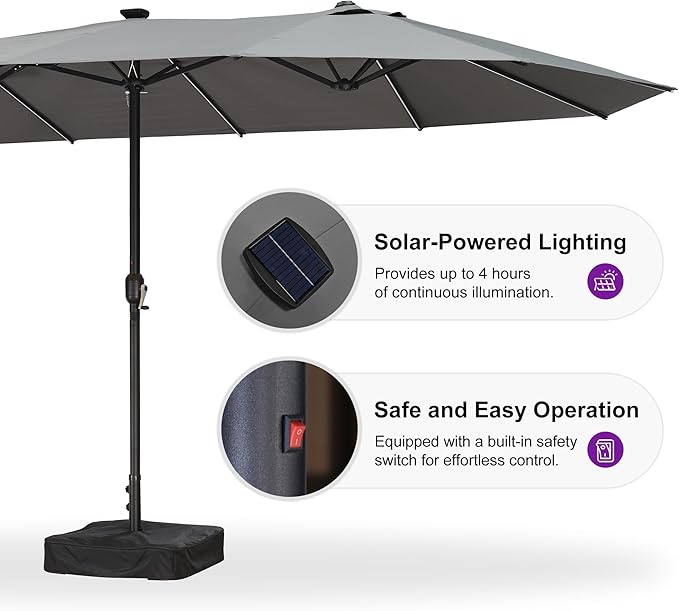 PURPLE LEAF 13ft Patio Market Umbrella with Solar LED and Base Double-Sided Rectangle Outdoor Table Sun Umbrellas with Crank for Pool Beach Deck Backyard Light Gray