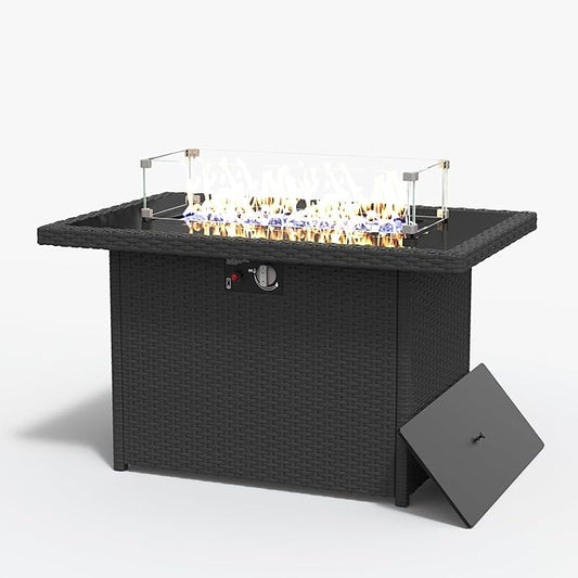 Rectangular Fire Pit Table, 44 inch Propane Gas Fire Pit with Glass Rocks, Wind Guard Glass Shield, Waterproof Cover for Outside Patio Backyard Deck Balcony