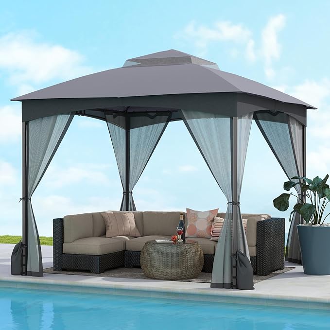 Tangkula 10x10 FT Outdoor Gazebo with Netting, Double Roof Patio Shelter with 4 Sandbags, Zippered Doors, Heavy-Duty Metal Frame, Metal Patio Gazebo for Yard Garden Lawn (Grey)