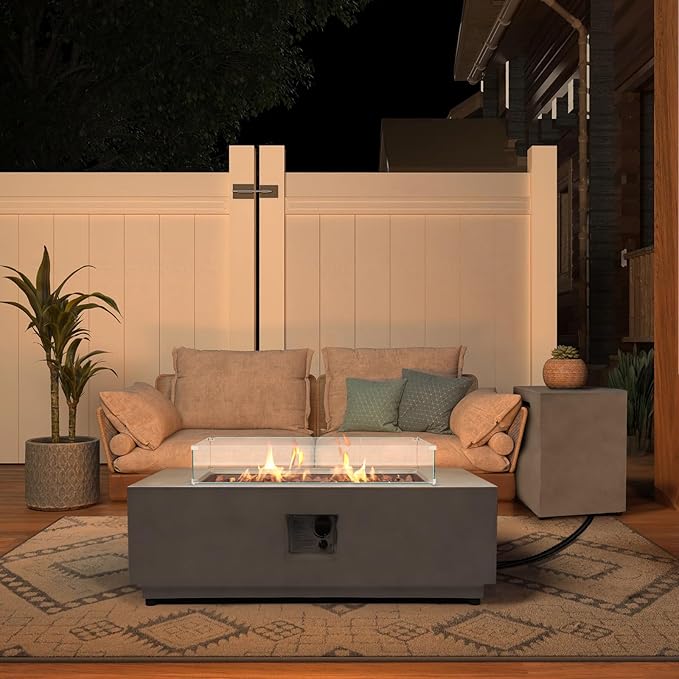 42inch Rectangle Concrete Fire Pit Table with Propane Tank Cover Wind Guard - 3 Piece Patio Firepits 50,000 BTU, Stainless Steel Burner Steel Lid Lava Rocks and Rain Cover