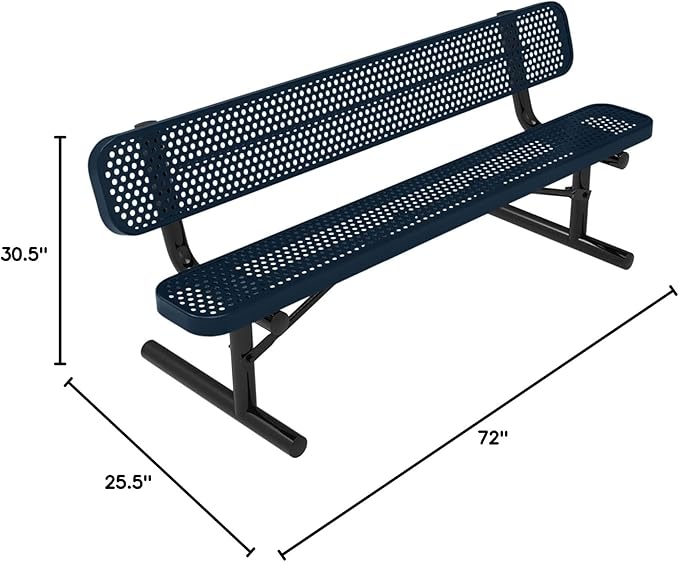 COATEDOUTDOORFURNITURE Coated Outdoor Furniture Heavy-Duty Portable Outdoor Bench Thermoplastic Coated, Punched Steel, Commercial-Grade Seating, Made in America (Portable with Back, 6 Ft, Dark Blue)