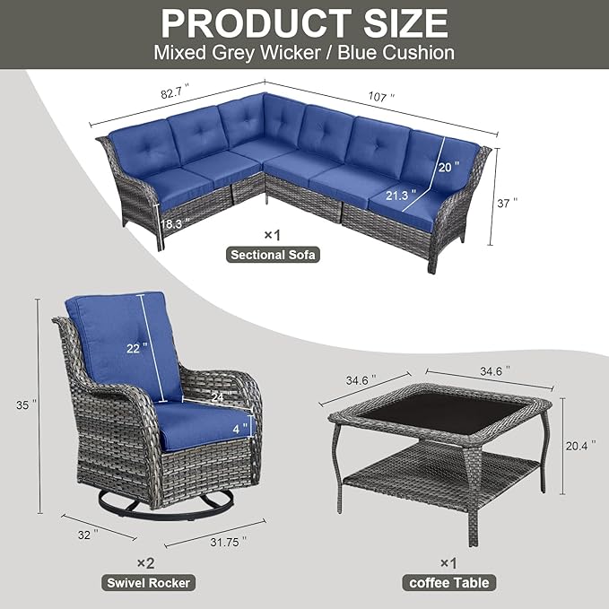 Belord Outdoor Furniture Sectional Sofa L Shaped Couch - Patio Wicker Set with 2 Swivel Glider Chairs, 5 Piece Rattan Patio Conversation Sets with Blue Cushion for Deck Backyard Sunroom
