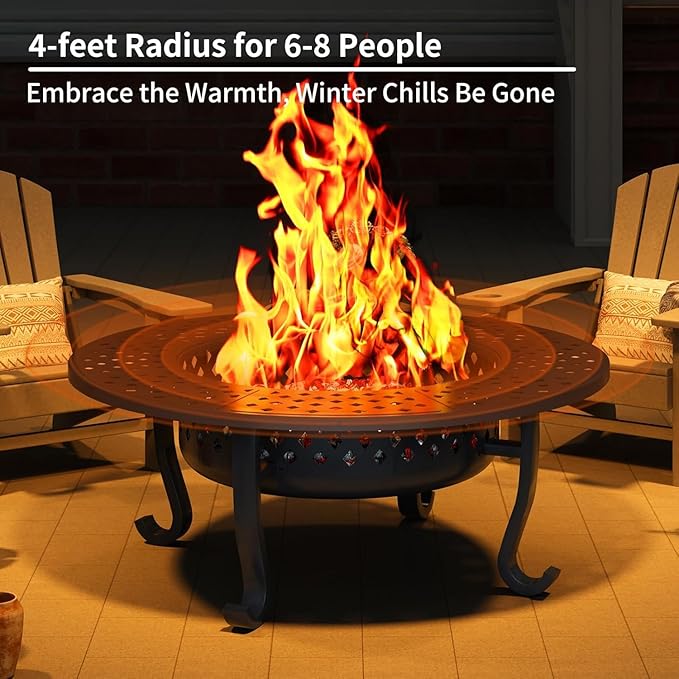 43 Inch Fire Pit with 2 Grill for Outside, Outdoor Wood Burning Firepit with Lid, Metal Round Table for Backyard Patio Garden Picnic Camping Bonfire, Black