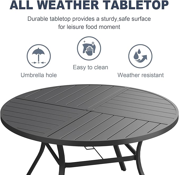 VICLLAX Round Patio Dining Table, 6-8 Person Metal Outdoor Dining Table with Umbrella Hole and Storage Shelf for Garden Lawn Deck, 53" Black