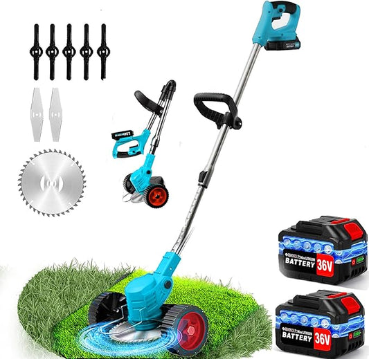 Powzen 36V Electric Weed Wacker Cordless String Trimmer Battery Powered/w 2X 6.0Ah Battery and 2.0Amp Charger, Height Adjustable Wheeled，3-in-1 Grass Trimmer/Brush Cutter/Hedge Trimmer/Weed Eater