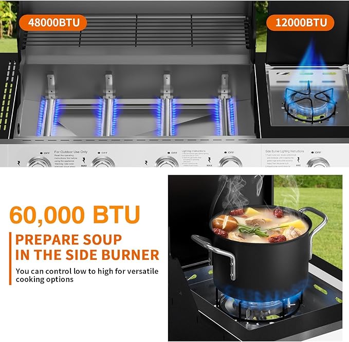 SKOK 4-Burner Led Gas BBQ Grill with Side Burner & Visual Glass, Barbecue Grill,60,000 BTU Stainless Steel Propane Grill 629 Sq. In. Grilling Area