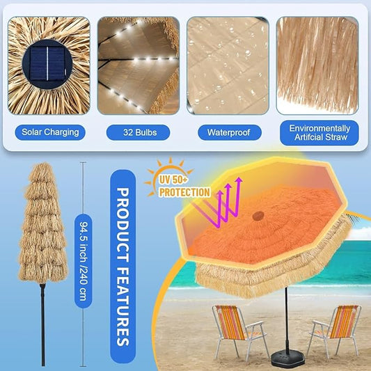 9 FT Solar Thatch Tiki Umbrella, Hawaiian Style Straw Umbrella, UPF 50+ Patio Umbrellas with 32 LED Lights for Beach, Pool,Garden
