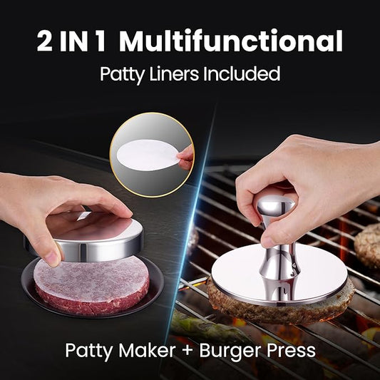2-in-1 Smash Burger Press & Patty Maker, Heavy Duty Premium Stainless Steel Hamburger Helper, Easy-Clean Design, Hamburger Press with Patty Liner, Mirror Polished Burger Mold, Dishwasher Safe