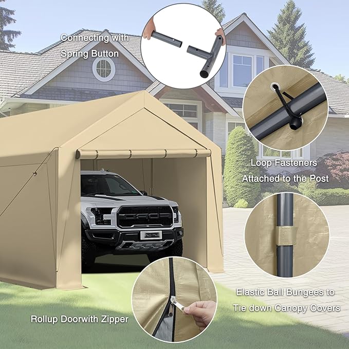 Carport Canopy 10x20 Heavy Duty, Portable Carport Garage with Removable Sidewalls and Door, Car Port with Waterproof Canopy for All Season (Beige)