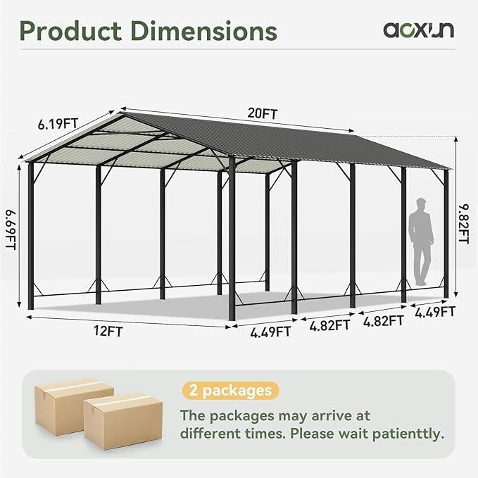Aoxun 12x20 FT Metal Carport, Heavy Duty Carport Canopy with Reinforced Frame and Enhanced Base, Outdoor Car Canopy for Pickup Trucks, Cars, SUVs, Tractors and Boats