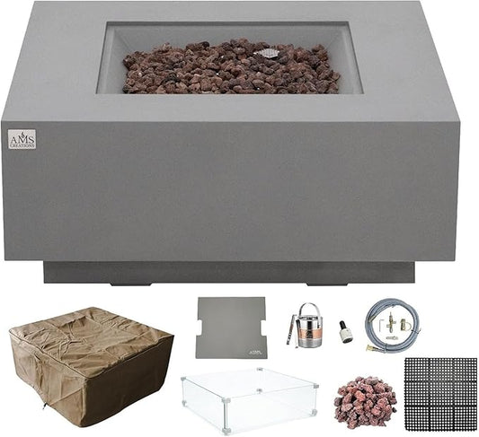 AMS Creations | Brooklyn 40" Bundle Square Natural Gas Outdoor Fire Pit Table | Light Gray Concrete GFRC Smooth Texture Surface Fire Pit Table