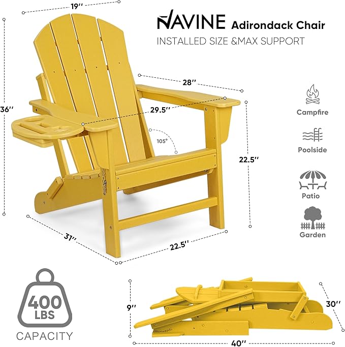 Adirondack Chair, HDPE Folding Adirondack Chair with Multifunctional Cup Holder, Weather Resistant Fire Pit Chair for porches, patios, patios, poolsides, Decks.