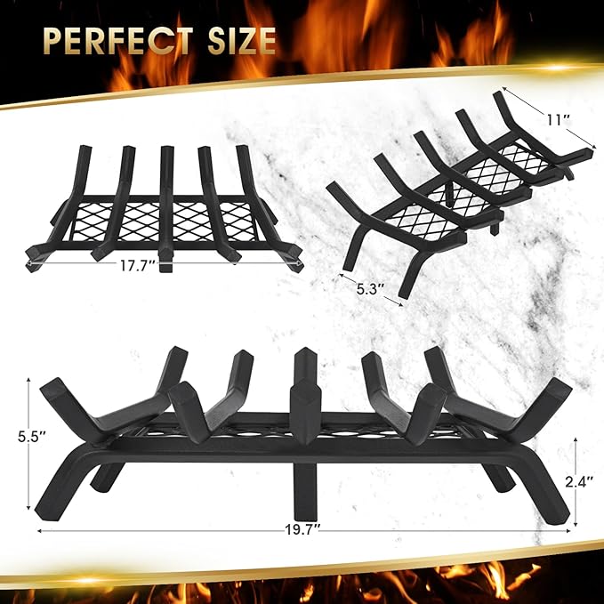 G GOOD GAIN Fireplace Grate with Ember Retainer, 20" Heavy Duty Steel Indoor, Chimney Hearth Wood Stove Burning Rack Holder,1/2 Bar Fire Place Asseccories for Outdoor, Fire Pits, Camping.