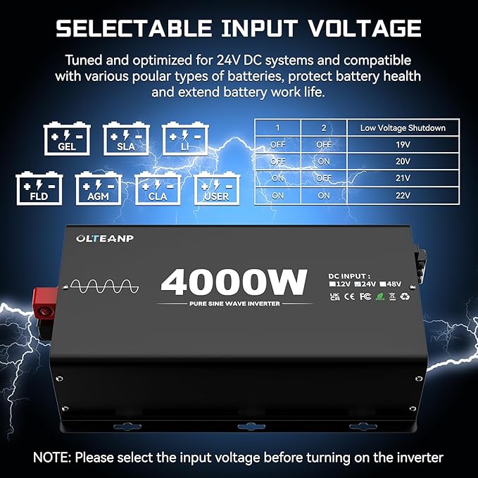 New 24V 4000 Watts Pure Sine Wave Inverter, 24V DC to 110V AC Power Inverter with 4 AC Outlets, USB Port, Type-C Port for Truck, Vehicle, Power Outage, Remote Control with LCD Screen