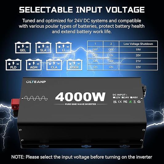 New 24V 4000 Watts Pure Sine Wave Inverter, 24V DC to 110V AC Power Inverter with 4 AC Outlets, USB Port, Type-C Port for Truck, Vehicle, Power Outage, Remote Control with LCD Screen