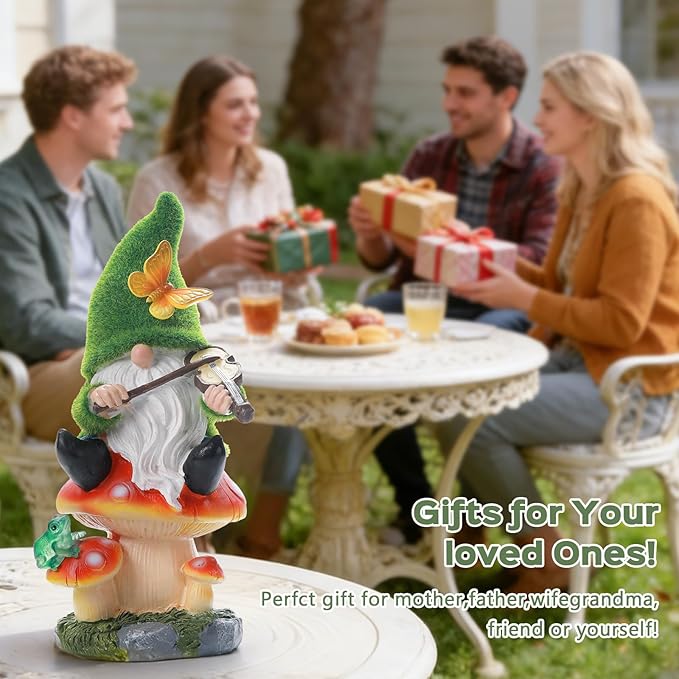 Ayadon Solar Gnome on Mushroom Stool Statue Decor, Gnome Figurines with Ambiance LED Light for Garden Decorations for Patio Lawn Balcony Fairy Gardens, Housewarming Gifts for Women Mom Grandma
