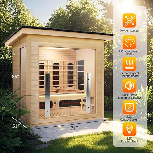 3-4 Person Hybrid Home Wood Sauna, Outdoor WiFi Control Far Infrared & Traditional Hemlock Steam Saunas Spa Room with Red Light Therapy, 11 Heaters& Electric Stove, Accessories Included, Leftdoor