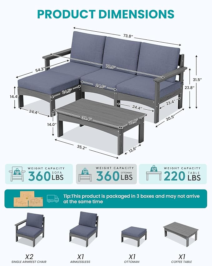 SERWALL 5-Piece Patio Sofas with 15FT Double Side Patio Umbrella, All-Weather HDPE Outdoor Sectional Sofa, Large Modular Patio Conversation Set for Garden, Deck, Porch, Grey Frame with Grey Cushion