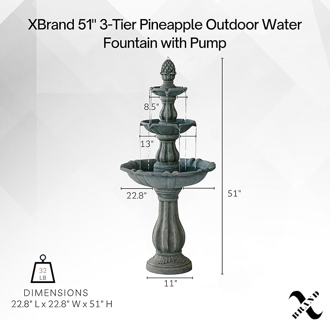 XBrand Outdoor Water Fountain 51 inch 3-Tier Garden Fountain with Pump, Weather Resistant Resin Patio & Yard Waterfall Feature - Grey