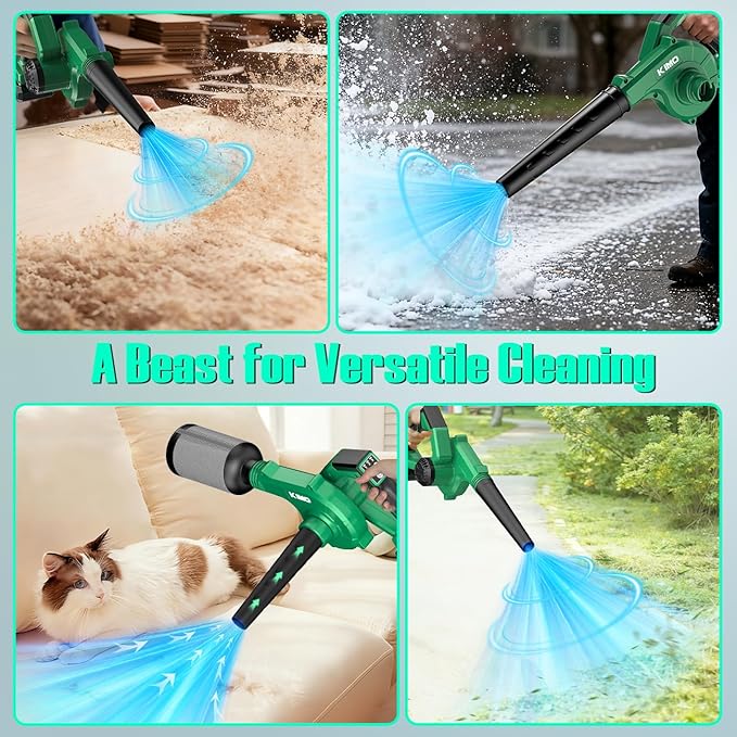 K I M O. Cordless Leaf Blower and Vacuum Combo 4 In 1, 3 Nozzles for Inflation and Deflation, 190MPH/260CFM, Smart Panel with 3 Modes, 20" Extended Tube, 2000mAh Battery Cordless Blowers for Lawn Care