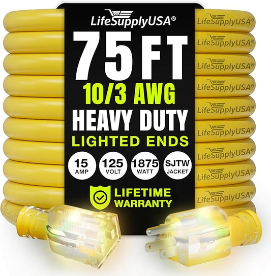 75ft Outdoor/Indoor Extension Cord 10/3 Gauge Ultra Heavy Duty 3 Prong SJTW, Waterproof, Flexible Cold-Resistant Long Power Cord,15A 125V 1875W, Yellow by LifeSupplyUSA