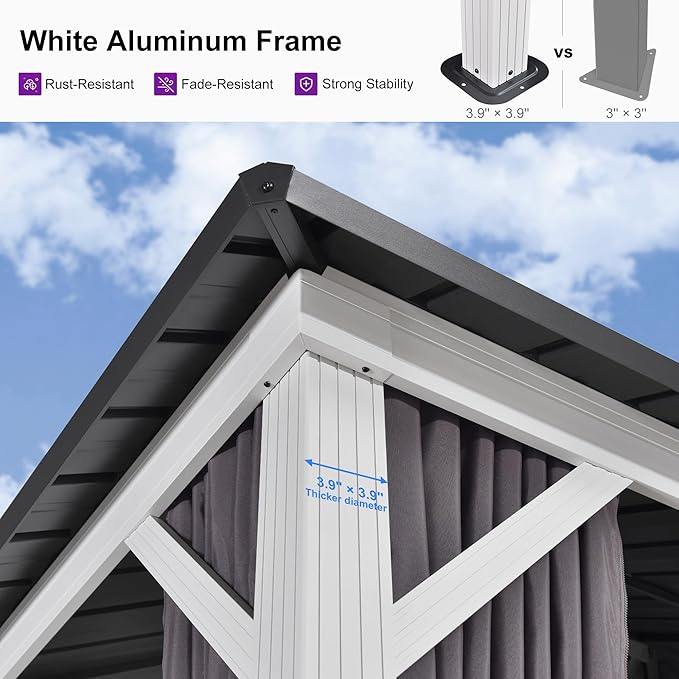 PURPLE LEAF 12' X 16' Hardtop Gazebo Metal Double Roof White Aluminum Frame Outdoor Heavy Duty Gazebo with Curtain and Netting for Patio Garden and Backyard, Grey