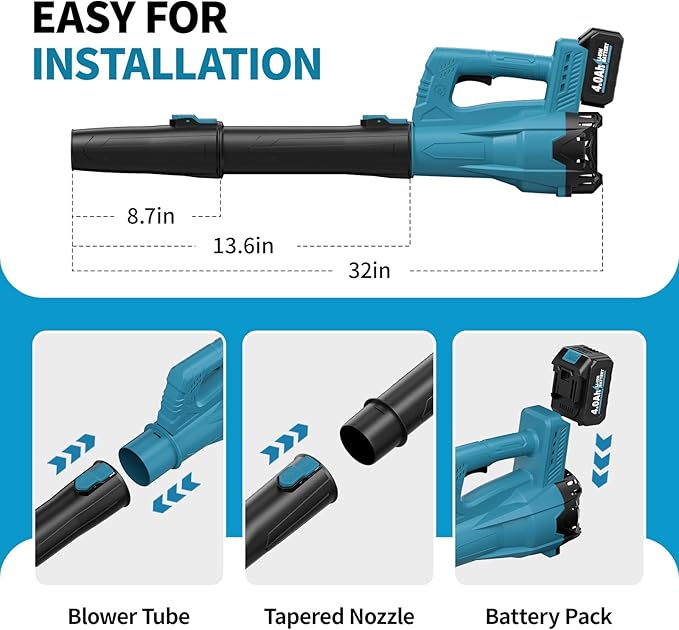 FULLYEA Leaf Blower Cordless, 21V Powerful Leaf Blower with 2 x 4.0Ah Battery & Fast Charger, Lightweight Electric Leaf Blowers for Lawn Care, Yard, Patio Cleaning, Blowing Leaves & Dust (Blue)