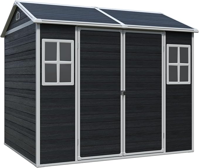 Storage Shed 8x6 ft Outdoor Resin Shed with Floor, Plastic Sheds with Two Windows and Lockable Double Door, Waterproof Garden Shed with Vents, Tool Sheds for Backyard, Patio, Lawn, Black